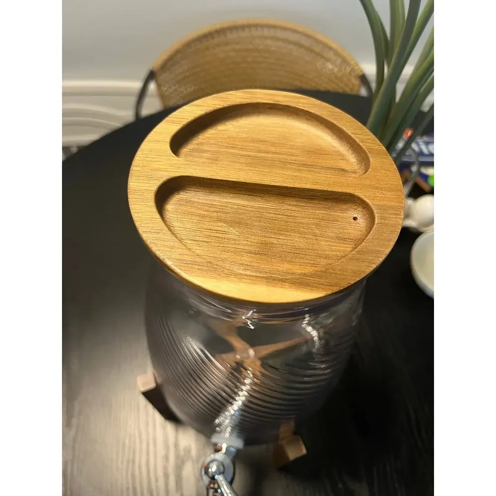 Acrylic Drink Dispenser 5L with Wood Stand and Lid New